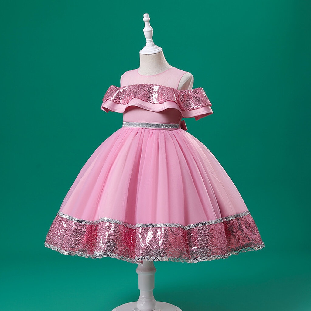 Gd3944- พร้อมส่งจากไทย ชุดออกงานเด็กหญิงสีชมพู ชุดสวยแต่งเลื่อมหรู สวยหวาน ชุดราตรีเด็กทรงสั้น มีแขน ชุดออกงานการแสดง