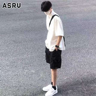 ASRV เสื้อเชิ้ตผู้ชายขี้เกียจทุกการแข่งขันคอสี่เหลี่ยมอารมณ์สีทึบเสื้อยืดเยาวชนที่นิยมแนวโน้มที่เรียบง่ายทุกวันแขนสั้นมาตรฐาน