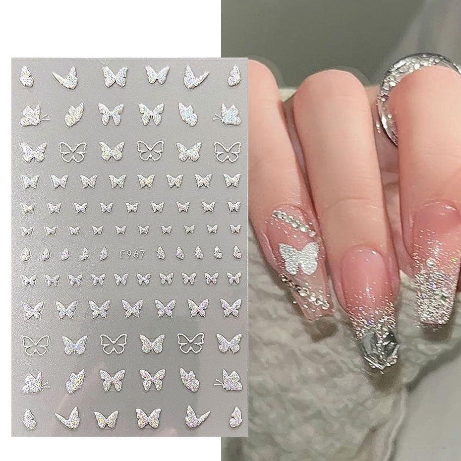 Glitter Silver Glitter สติ๊กเกอร์ติดเล็บผีเสื้อ Love Stars การออกแบบรูปแบบฤดูร้อน Decals