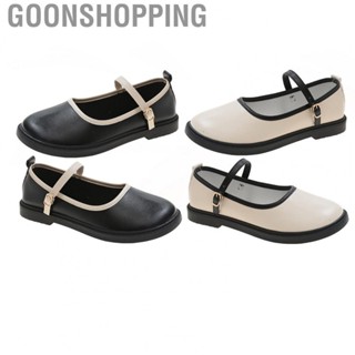 Goonshopping Flat Leather Shoes  Buckle Ankle Strap Round Toe Girls Leather Shoes Comfortable Reliable  for Daily