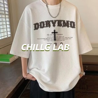 CHILLG LAB เสื้อยืดวาฟเฟิลหนักแขนสั้นผู้ชายคอกลมหลวมด้านบนนักเรียนระบายอากาศ