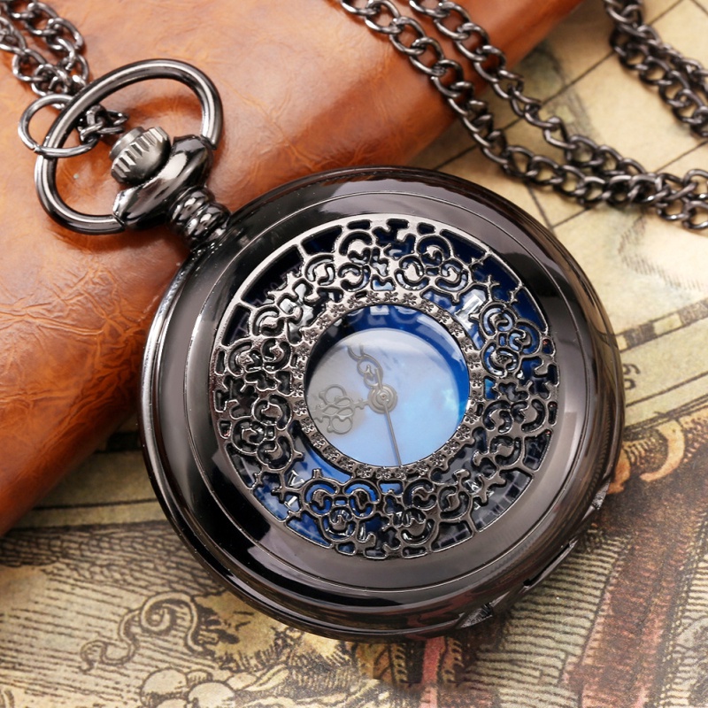 Starry Blue Dial Pocket Watch เลขโรมันจี้ Bronze Hollow Case Steampunk Vintage สร้อยคอแขวนนาฬิกา