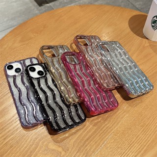 เคสโทรศัพท์มือถือแบบนิ่ม TPU แต่งกลิตเตอร์ ไล่โทนสี ลายคลื่น 3D แฟชั่น สําหรับ iPhone 14 13 12 11 Pro Max 12Pro 13Pro 14Pro 12ProMax 13ProMax 14ProMax