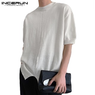 Incerun เสื้อยืด คอสูง แขนสั้น ผ้าถัก สีพื้น