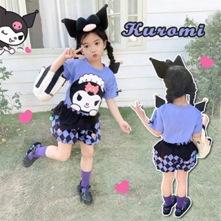 Ag Sanrio Kuromi ชุดเสื้อยืดแขนสั้น กางเกงขาสั้น ลายสก๊อต ดอกไม้ สองชิ้น สําหรับเด็ก