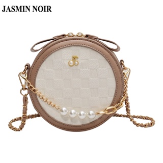 Jasmin NOIR กระเป๋าสะพายไหล่ กระเป๋าถือ ทรงกลม ลายสก๊อต ประดับไข่มุก สําหรับสตรี