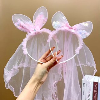 ที่คาดผม ผ้าตาข่าย แต่งลูกไม้ แต่งหูกระต่าย สีชมพู สไตล์แฟรี่ สําหรับเด็กผู้หญิง
