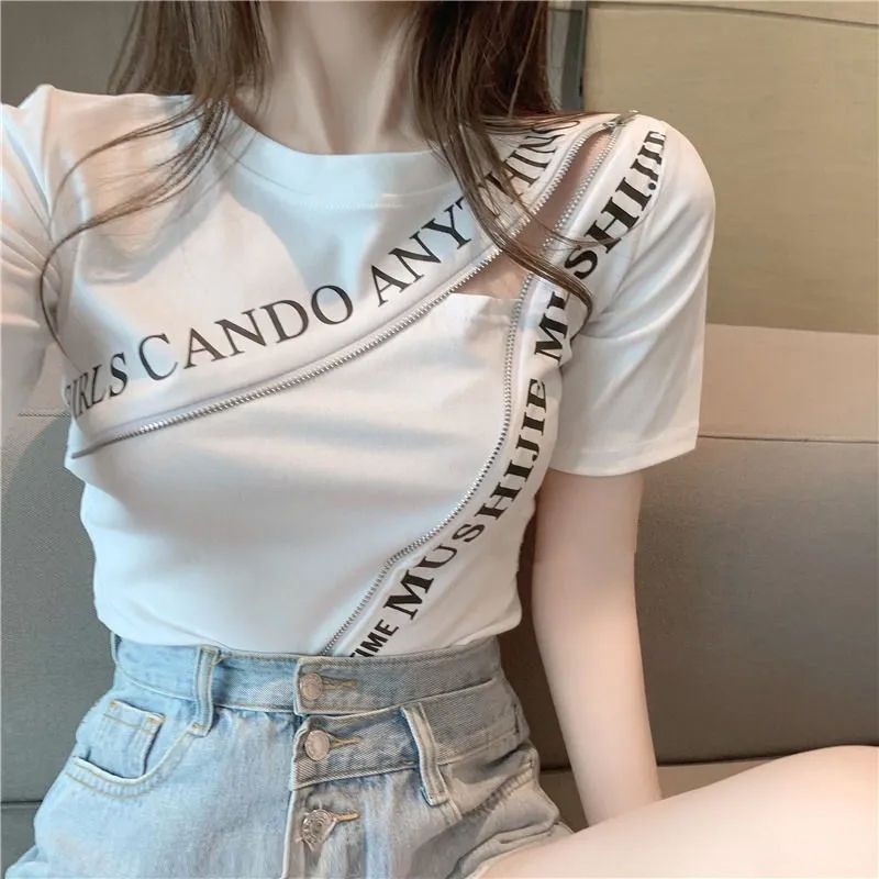 เสื้อเชิ้ต แต่งซิป พิมพ์ลายตัวอักษร ทรงไม่สมมาตร แฟชั่นฤดูร้อน สําหรับผู้หญิง