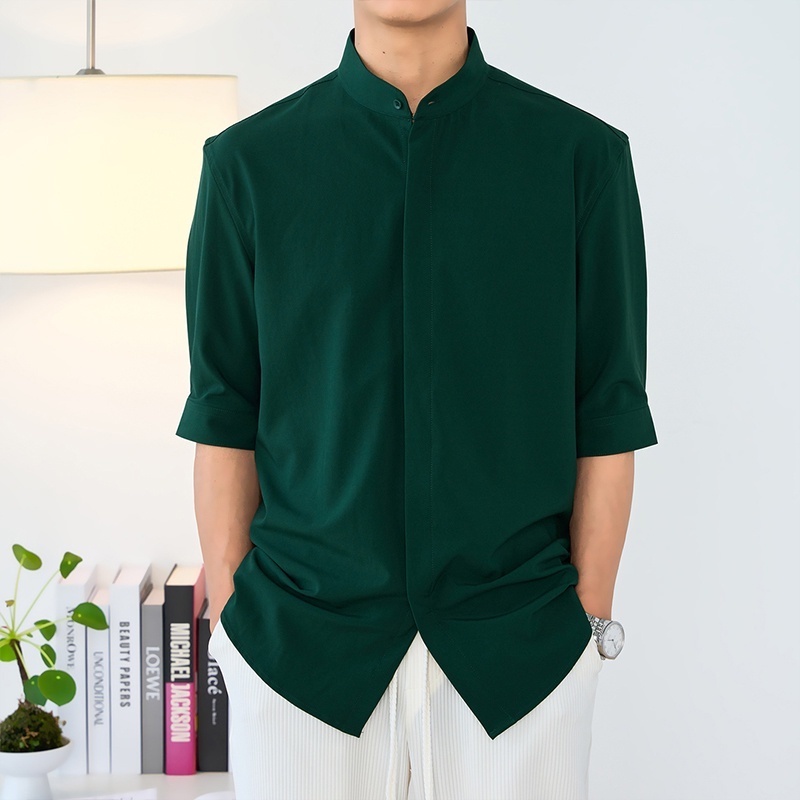 เสื้อเชิ้ตแขนสั้นลําลอง คอปก ทรงหลวม สีเขียว สไตล์จีน แฟชั่นฤดูร้อน สําหรับผู้ชาย ไซซ์ M - 3XL
