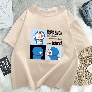 เสื้อยืดแขนสั้นลําลอง ทรงหลวม พิมพ์ลาย Doraemon แฟชั่นฮาราจูกุ สําหรับผู้หญิง