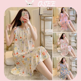 [Osee] ชุดนอนผ้าฝ้าย ผ้าไหม คอกลม แขนกุด ทรงหลวม พิมพ์ลายน่า…