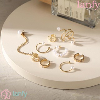 LANFY ต่างหู แบบคลิปหนีบ ประดับพู่ สีทอง สไตล์เกาหลี เครื่องประดับ สําหรับผู้หญิง 8 ชิ้น