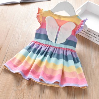 Girls Clothing 2023 Summer Baby Girls Rainbow Striped Vest Dress Childrens Sweet Flounced Sleeve Wings Dress Fashion 0QkC