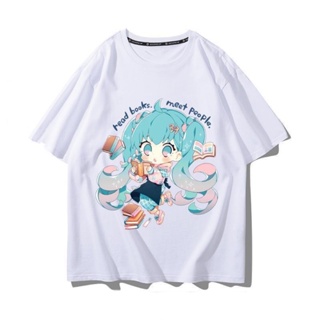 สีขาว Hatsune Miku เสื้อยืดแขนสั้นอะนิเมะ Miku ชายและหญิง cos เสื้อคู่ผ้าฝ้าย แขนสั้น