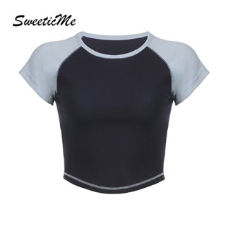 Sweeticme ใหม่ เสื้อยืดครอป คอกลม แขนสั้น สีตัดกัน สไตล์เรโทร แฟชั่นสําหรับผู้หญิง 2023