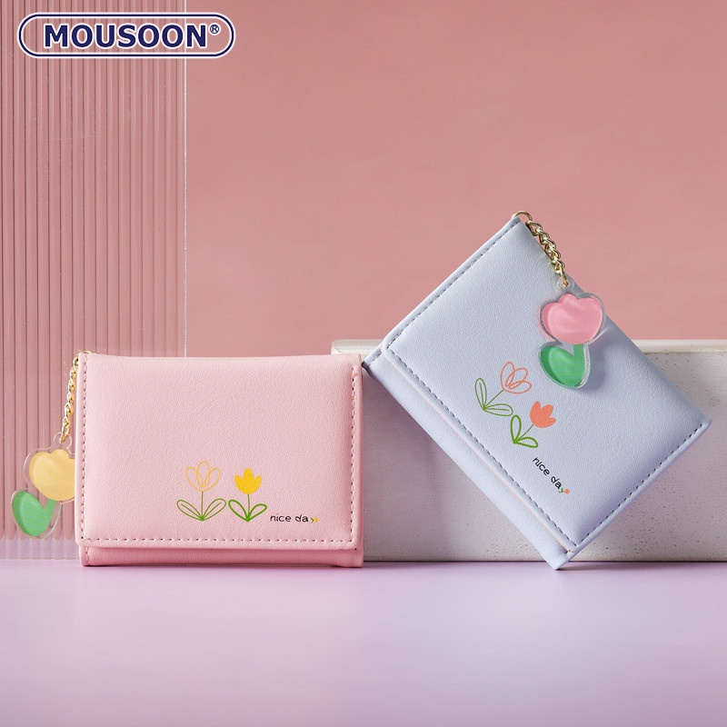 Mousoon กระเป๋าสตางค์ผู้หญิงเวอร์ชั่นเกาหลีของ Ins การ์ตูนสามพับพับ Pu พับเรียบง่ายและน่ารัก