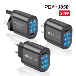 ที่ชาร์จ USB Type C 36W PD QC3 แบบชาร์จเร็ว อะแดปเตอร์ชาร์จโทรศัพท์มือถือ 4 พอร์ต PD แบบติดผนัง สําหรับ IPhone 0