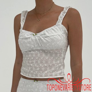 Topone- เสื้อครอปท็อปแขนกุด เปิดหลัง เข้ารูป ลายดอกไม้ สีขาว แฟชั่นฤดูร้อน สําหรับผู้หญิง