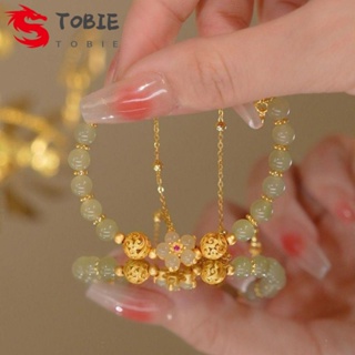 TOBIE สร้อยข้อมือหยก บุคลิกภาพ สไตล์จีน เครื่องประดับ ดอกไม้ Pingan ล็อค โบราณ สร้อยข้อมือทอ เชือกมือ กําไลข้อมือผู้หญิง