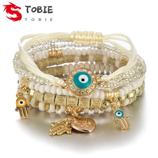 TOBIE โบฮีเมียน สร้อยข้อมือแฮนด์เมด น่ารัก สร้างสรรค์ ปรับได้หลายชั้น สร้อยข้อมือทอ สไตล์เกาหลี สร้อยข้อมือแฮนด์เมด ตาปีศาจ เชือก