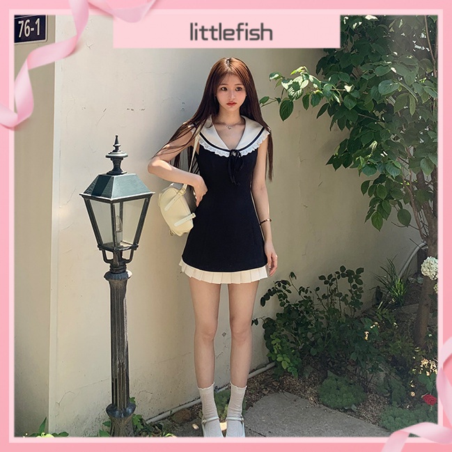 [littlefish] Miu Series ชุดเดรส คอปก ทรงสลิม สีดํา หรูหรา เหมาะกับฤดูร้อน สําหรับผู้หญิง