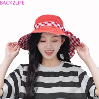 BACK2LIFE หมวกบักเก็ต ลายสก๊อต ประดับโบว์ สองด้าน ขนาดใหญ่ แฟชั่นสไตล์ชาวประมง