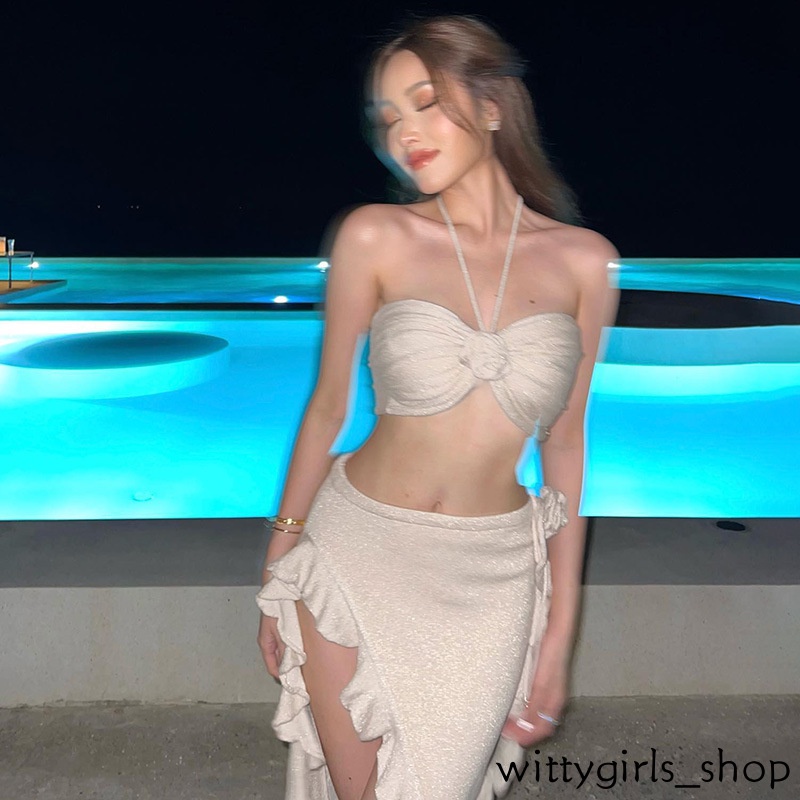 Wittygirls_shop | ชุดบิกินี่เซ็กซี่ แบบบาง แต่งสายคล้องคอ แต่งผ่าข้าง ลายดอกไม้ สําหรับผู้หญิง