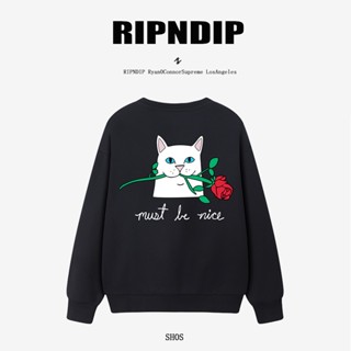 Ripndip ราคาถูก แมว โรแมนติก กัด กุหลาบ ผู้ชายและผู้หญิง คอกลม เสื้อกันหนาว ลําลอง เรียบง่าย