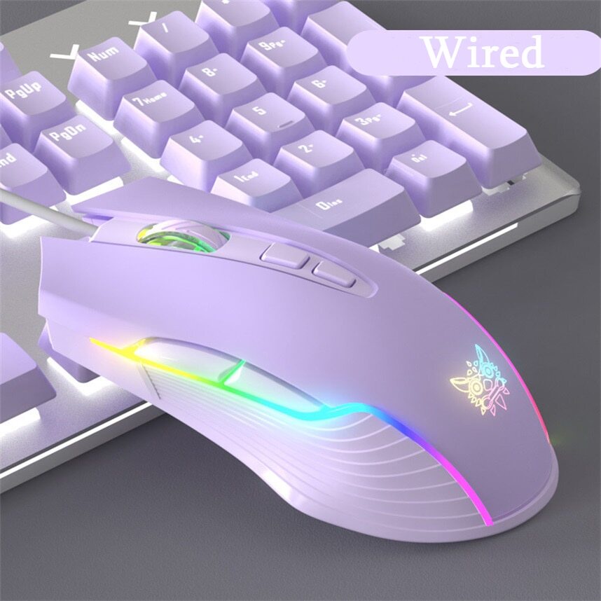 เมาส์เกมมิ่งมีสาย USB 6400 DPI มีไฟแบ็คไลท์ RGB ออกแบบตามสรีรศาสตร์ สีชมพู สีม่วง สําหรับคอมพิวเตอร์ และแล็ปท็อป