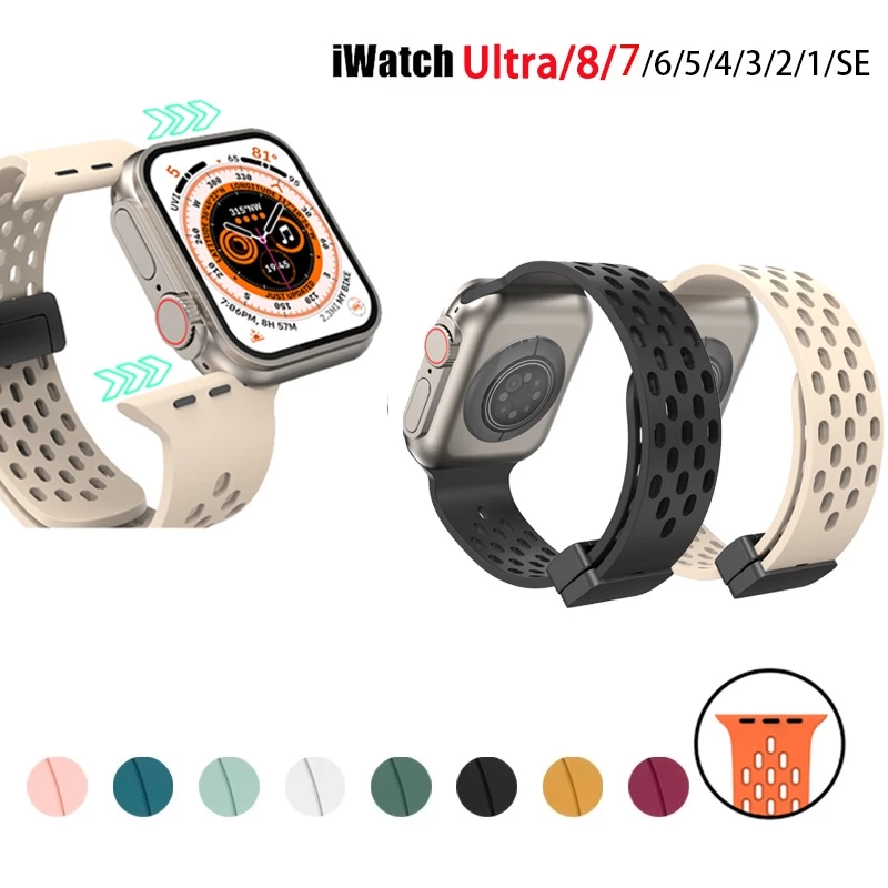 สายนาฬิกาข้อมือซิลิโคนแม่เหล็ก ระบายอากาศ สําหรับ Apple Watch Ultra 49/45/41/40/44 มม. 38 มม. 42 มม. iWatch series 8 7 6 5 4