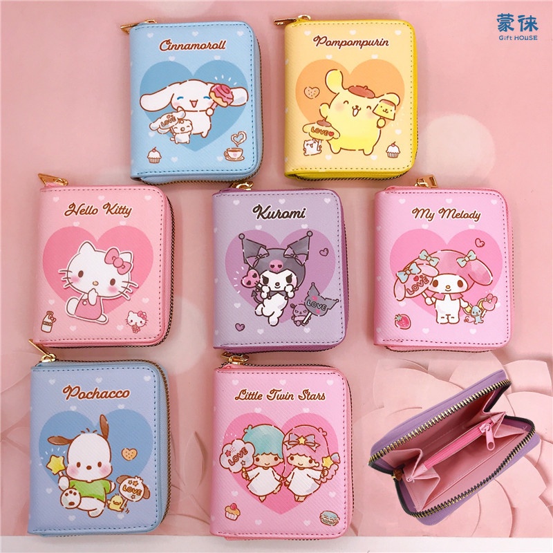 SANRIO กระเป๋าสตางค์ หนัง PU ใบสั้น แต่งซิป ลายการ์ตูน Hello Kitty Cinnamoroll น่ารัก เหมาะกับของขวัญ สําหรับผู้หญิง