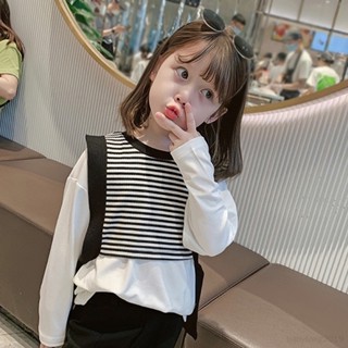 เสื้อยืดแขนยาว ผ้าถัก ทรงหลวม ลายทาง สําหรับเด็กผู้หญิง