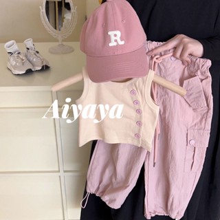 Aiyaya ชุดเซ็ทเด็ก  เสื้อกั๊ก+กางเกง 2 Set เอวสูง ทรงหลวม สีชมพู แฟชั่นฤดูใบไม้ผลิ และฤดูร้อน สําหรับเด็กผู้หญิง (691)