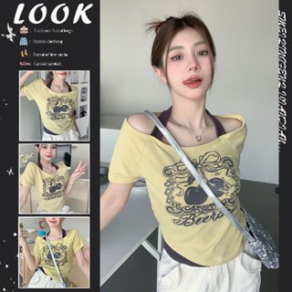 Massimo  เสื้อครอป เสื้อยืดผู้หญิง ครอป baby tee สาวเรโทร 2023 NEW Style Chic fashion ทันสมัย รุ่นใหม่ A99J325 36Z230909