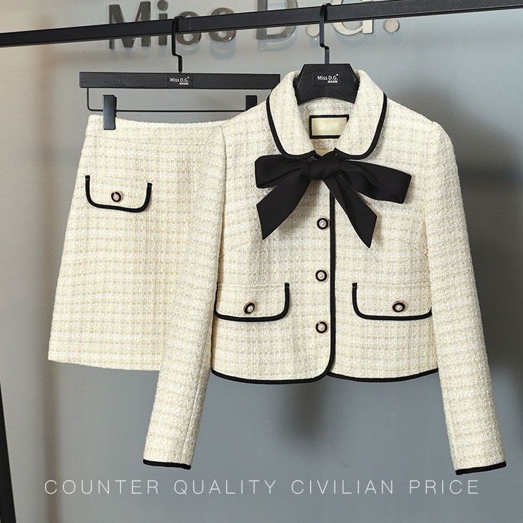 WOMEN'S เสื้อสูทแจ็กเก็ต Chanel ผ้าฝ้าย แต่งลูกไม้ ประดับโบว์ สไตล์ตะวันตก เหมาะกับฤดูใบไม้ร่วง และฤดูหนาว สําหรับผู้หญิง