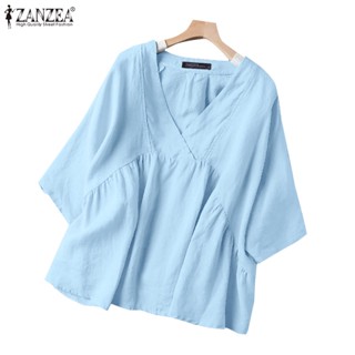 Zanzea เสื้อท็อปลําลอง คอวี แขนห้าส่วน ผ้าฝ้าย จับจีบ สีพื้น สําหรับผู้หญิง