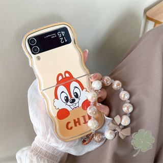 เคสโทรศัพท์มือถือแบบใส ลายกระรอกน่ารัก พร้อมสายคล้องข้อมือ ประดับมุก สําหรับ Samsung Galaxy Z Flip 4 Z Flip 3 Z Flip 5 Z Flip 5 4 3