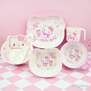 ღ Kawaii Sanrio Tableware Accessories Hello Kittys Cartoon Melamine Bowl Set Cute Beauty Children Spoon Rice Soup Bowl Girls Gift Girls