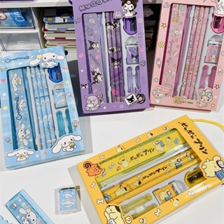Sanrio Kuromi ชุดเครื่องเขียน กบเหลาดินสอ ยางลบ ลาย Hello Kitty Cinnamon Dog Pudin Dog สําหรับเด็กนักเรียน 8 ชิ้น