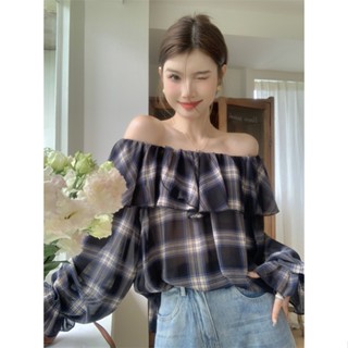 Suxi เสื้อเชิ้ตแขนยาว คอแบน ลายสก๊อต สไตล์วินเทจ สําหรับผู้หญิง