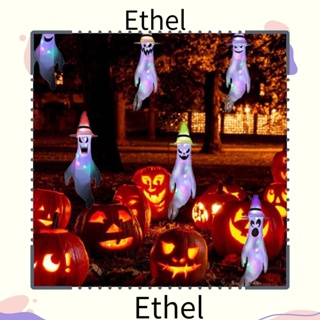 Ethel1 โคมไฟโพลีเอสเตอร์ รูปใบหน้าผี ทนทาน พร้อมธงเรืองแสง สําหรับแขวนตกแต่งปาร์ตี้ฮาโลวีน