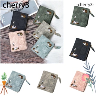 Cherry3 กระเป๋าสตางค์ ใบสั้น ผ้าแคนวาส ปักลายแมวน่ารัก มีซิป หลายช่อง ใส่บัตรได้