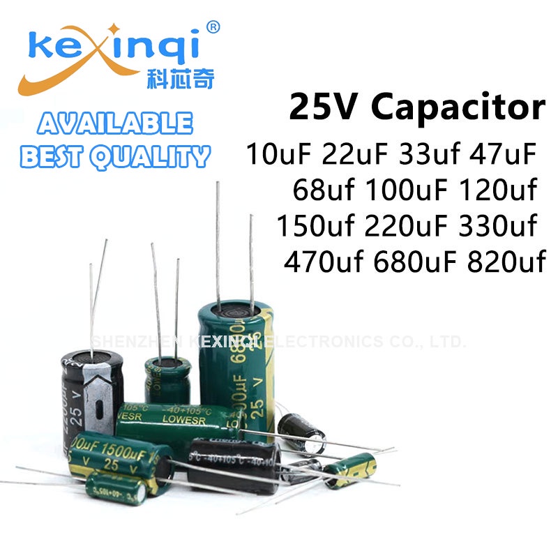 ตัวเก็บประจุอลูมิเนียมไฟฟ้า 25V DIP 10uF 22uF 33uf 47uF 68uf 100uF 120uf 150uf 220uF 330uf 470uf 680uF 820uf 10-50 ชิ้น