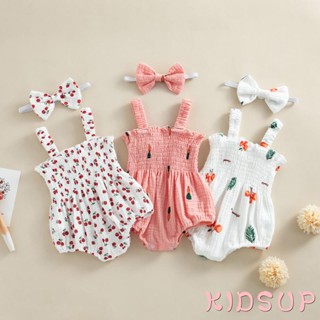 Kidsup1 ชุดรอมเปอร์แขนกุด พิมพ์ลายเชอร์รี่ แครอท ต้นไม้ พร้อมที่คาดผม แฟชั่นฤดูร้อน สําหรับเด็กผู้หญิง 2 ชิ้น