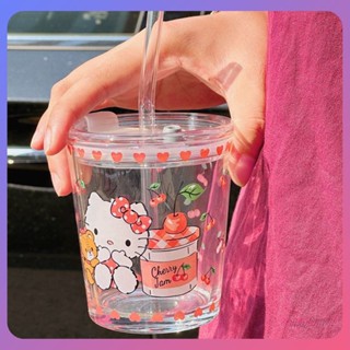 ☛ 280ml Sanrio Glass Straw Cup With Lid Straw Hello Kitty Beverage Cup Glass Bottle Milk Coffee Cup For Gifts srlive