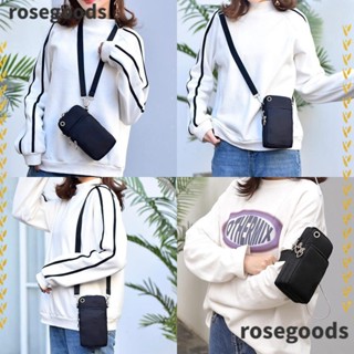 Rosegoods1 กระเป๋าสะพายไหล่ หนัง PU 3 ชั้น พร้อมปลั๊กหูฟัง ใส่โทรศัพท์มือถือได้ สีดํา