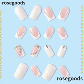 Rosegoods1 เล็บปลอม หัวเหลี่ยม กันน้ํา ประดับเพชรเทียม ยาวปานกลาง สไตล์ฝรั่งเศส สําหรับผู้หญิง