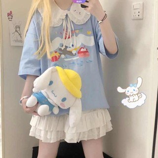 เสื้อยืดแขนสั้นลําลอง แบบบาง ทรงหลวม พิมพ์ลายการ์ตูนอนิเมะ Sanrio Cinnamoroll น่ารัก เข้ากับทุกการแต่งกาย แฟชั่นฤดูร้อน สําหรับนักเรียนผู้หญิง [RAIN]