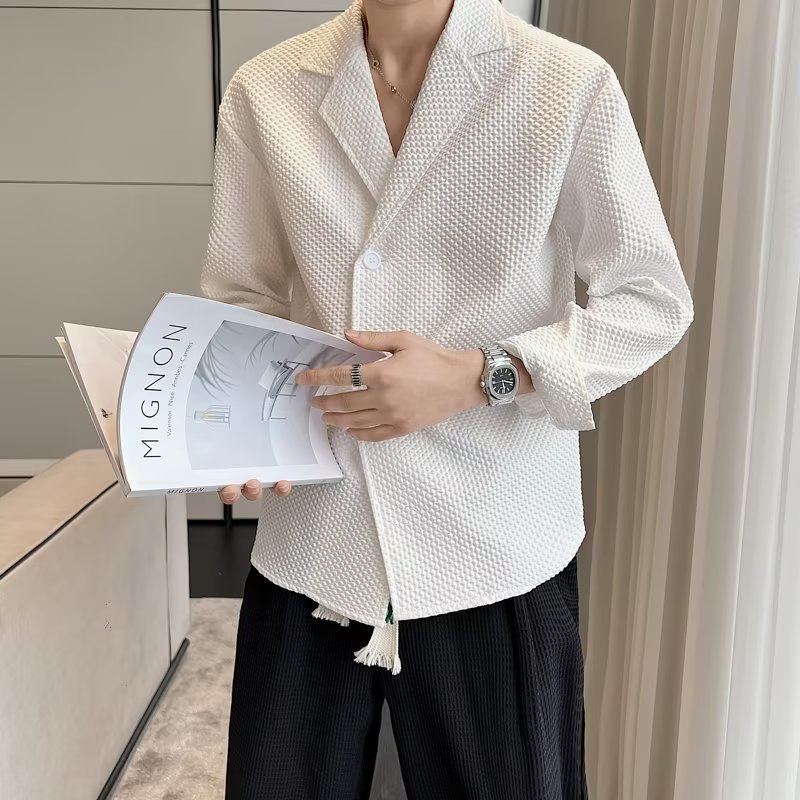 TIDE BEAR เสื้อผู้ชาย อเมริกันเรโทรถนน ความรู้สึกระดับไฮเอนด์,สไตล์ผู้ใหญ่เบา,ปลอกคอสูทหลวม - รูปที่ 5