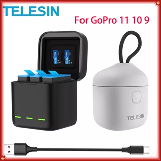 Telesin กล่องชาร์จการ์ดรีดเดอร์ TF 11 10 9 3 ช่อง มีไฟ LED สีดํา สําหรับ GoPro Hero 11 10 9